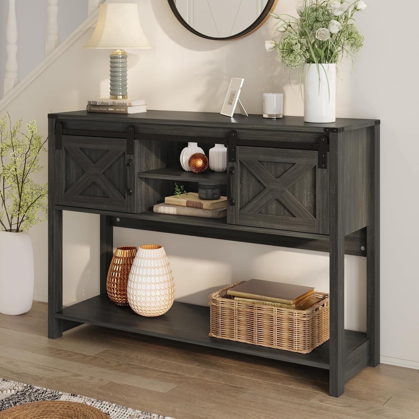 May in Color Entryway Table, 46" Modern Farmhouse Console Table with Sliding Barn Door, for Hallway, Living Room, Foyer, Dark Grey