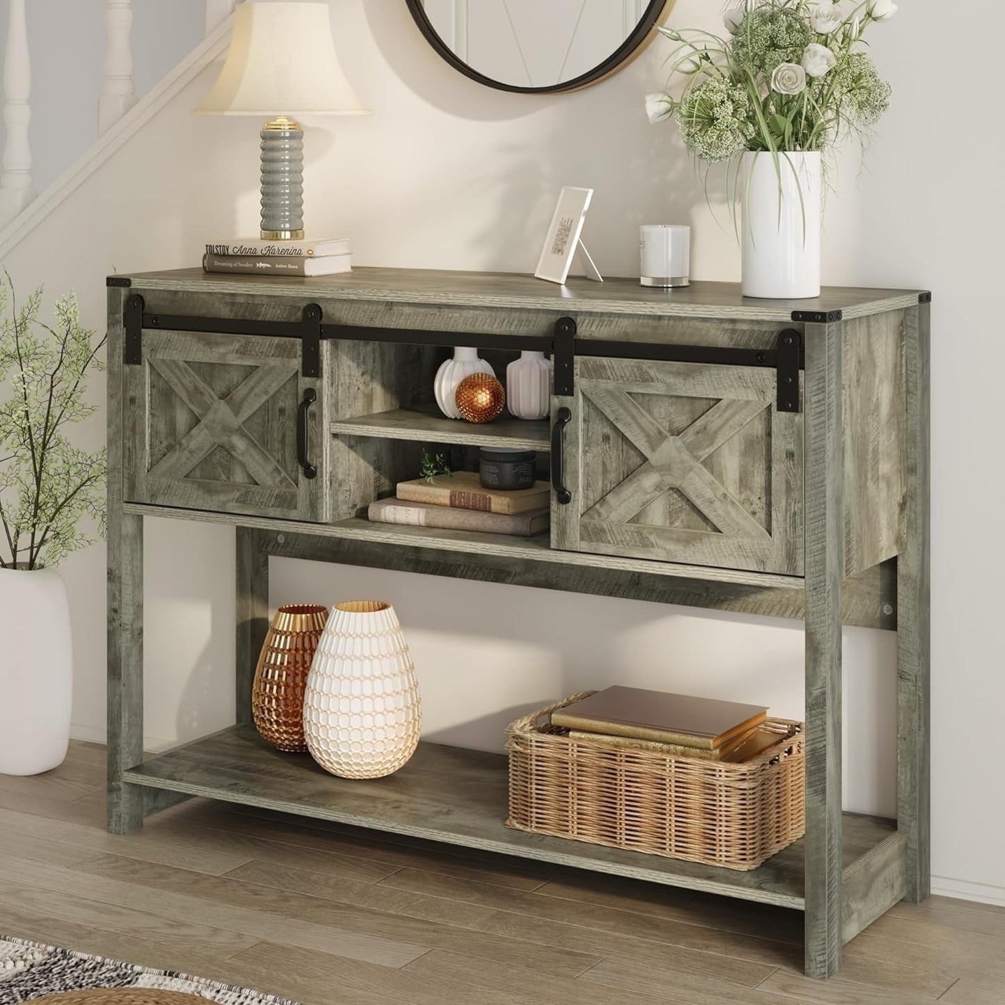 May in Color Entryway Table with Storage Cabinets, 46" Modern Farmhouse Console Table with Sliding Barn Door, for Hallway, Living Room, Foyer, Light Grey