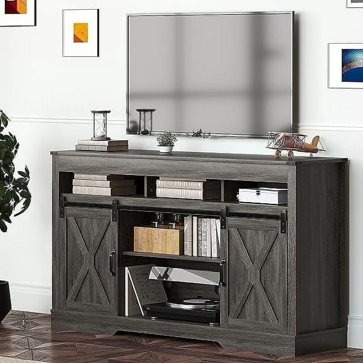Mayincolor Farmhouse TV Stand for 65+ Inch TVs, Rustic Wood Media Console with Sliding Barn Doors, Dark Grey