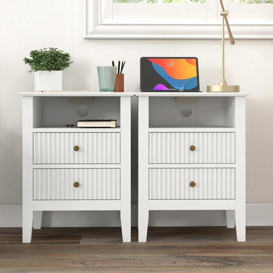 Royalcraft Fluted 2 Drawer Nightstand with Charging Station Set of 2 White Adult