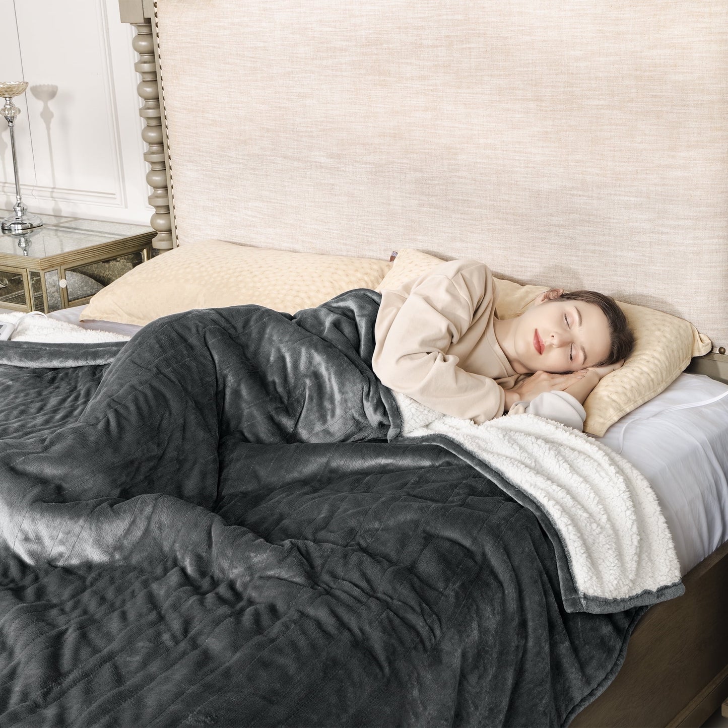 Royalcraft Heated Blanket Queen Size, Electric Throw Dual Control, 10 Heat Settings, 12 Hours Auto Off, Soft Flannel and Sherpa, Machine Washable, ETL Certified,Grey
