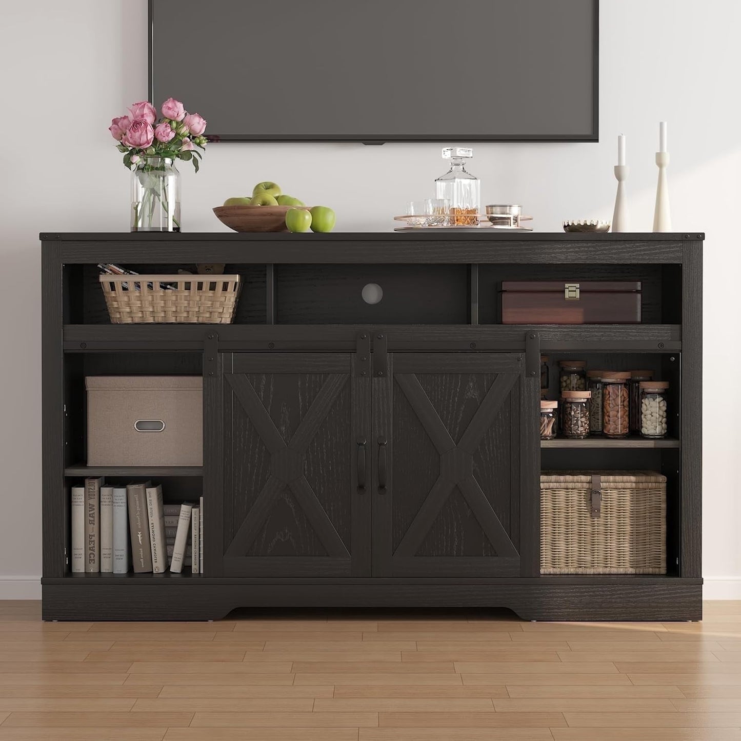 Mayincolor Farmhouse TV Stand for 65+ Inch TVs, 34'' Tall Entertainment Center with Sliding Barn Door, Rustic Black