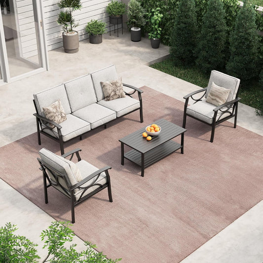 Royalcraft Outdoor Patio Furniture Set, 4 Piece Patio Conversation Set with Coffee Table, Metal Furniture Set for Porch Backyard Garden, Black