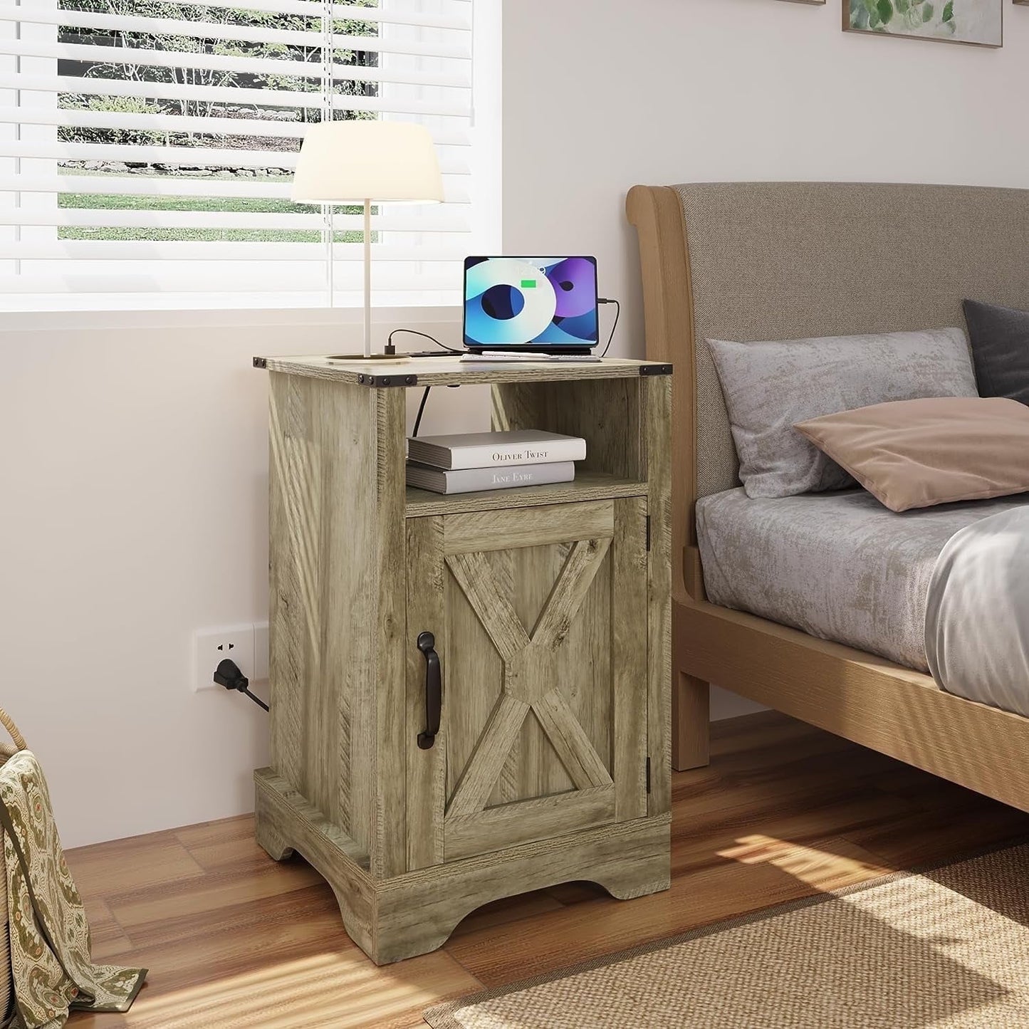 Mayincolor Rustic Charging Station Wood Nightstand End Table, Light Grey