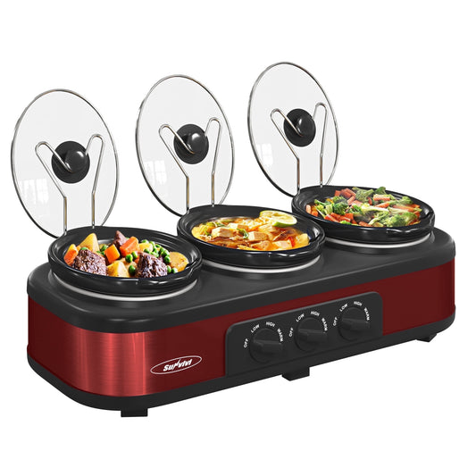 Sunvivi Triple Slow Cooker Buffet Servers and Warmer,3 Pot Food Small Mini Manual Slow Cooker with Adjustable Temp Stainless Steel Lid Rests,Removable Ceramic Pot,4.5 QT Red