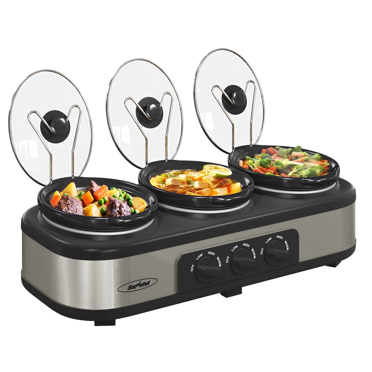 Sunvivi Triple Slow Cooker with 3 Spoons, 3 Pot 1.5 Quart Oval Crock Food Warmer Buffet Server, Stainless Steel