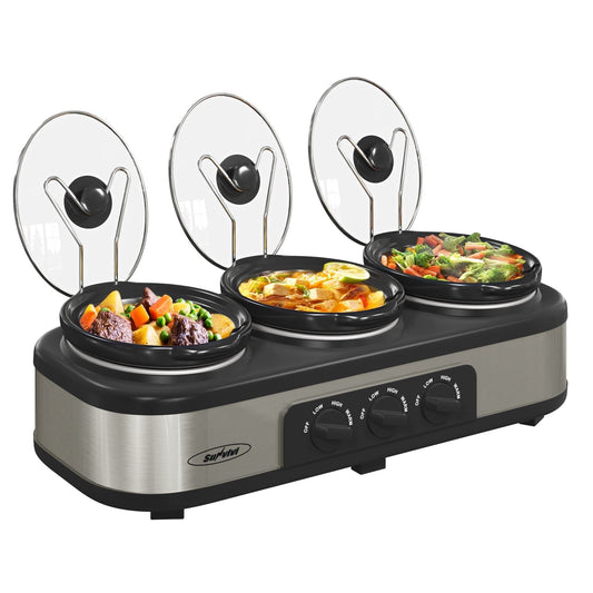Sunvivi Triple Slow Cooker with 3 Spoons, 3 Pot 1.5 Quart Oval Crock Food Warmer Buffet Server, Stainless Steel