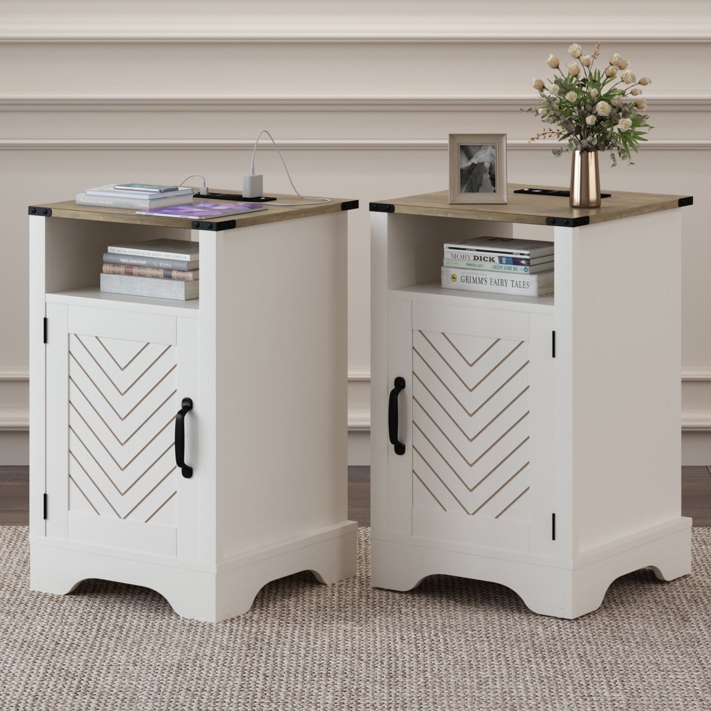 Mayincolor White Nightstand Set of 2 with Charging Station, Tall Farmhouse Bedside Table with Herringbone Design, Wooden Rustic End Table with Large Storage Cabinets and Shelf for Bedroom