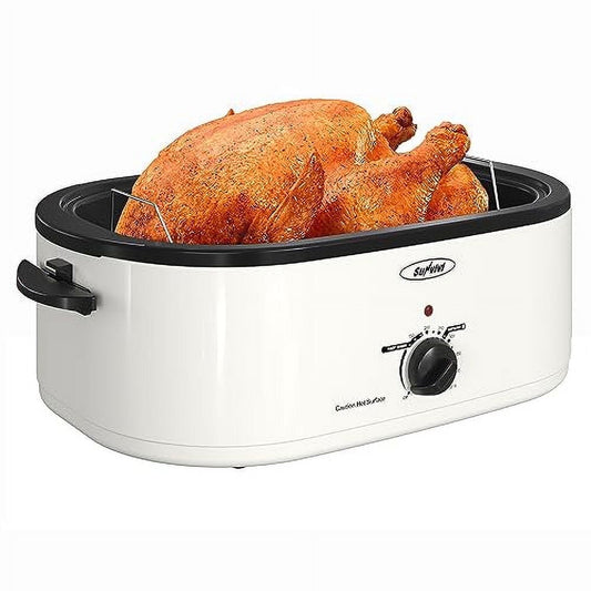 SUNVIVI 18 Quart Turkey Electric Roaster Oven with Self-Basting Lid, Stainless Steel, White