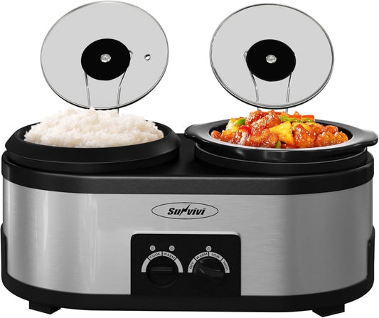 Sunvivi 2 in 1 Slow Cooker and Rice Cooker, Multi Slow Cooker with 1.5 QT Ceramic Pot & 3 Cup Rice Cooker , Non-Stick Aluminum Pot & Indicator Lights, Dual Control Knob, Stainless Steel