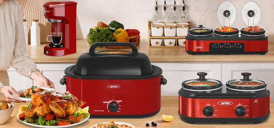 SUNVIVI 24QT Roast Turkey stove with 3-burner slow cooker and 2-burner slow cooker Kitchen set ,Stainless Steel,Red