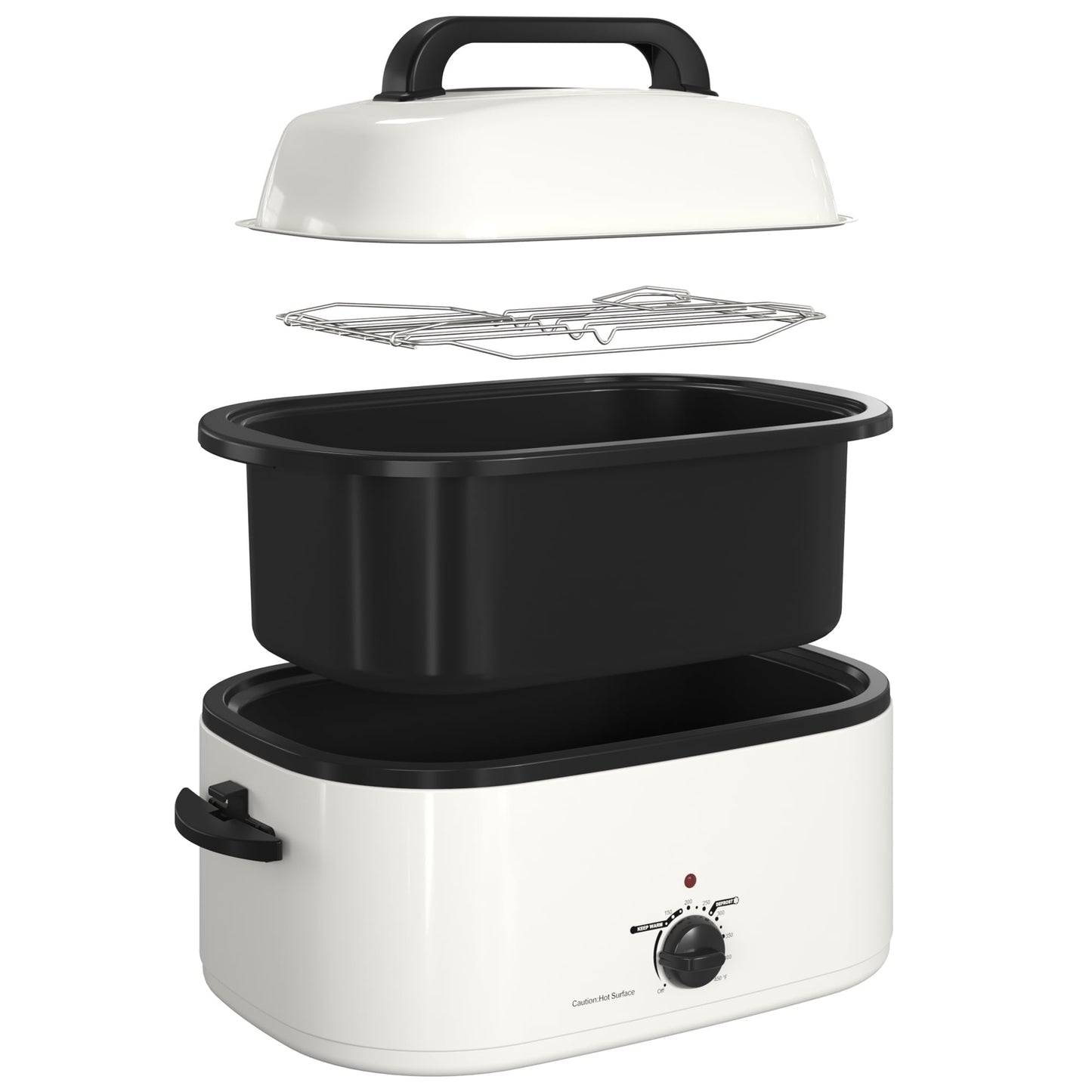 Sunvivi 26QT Electric Turkey Roaster Oven with Visible Glass Lid,Removable Pan & Rack, Stainless Steel, White