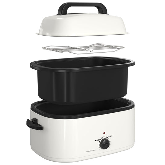 Sunvivi 26QT Electric Turkey Roaster Oven with Visible Glass Lid,Removable Pan & Rack, Stainless Steel, White