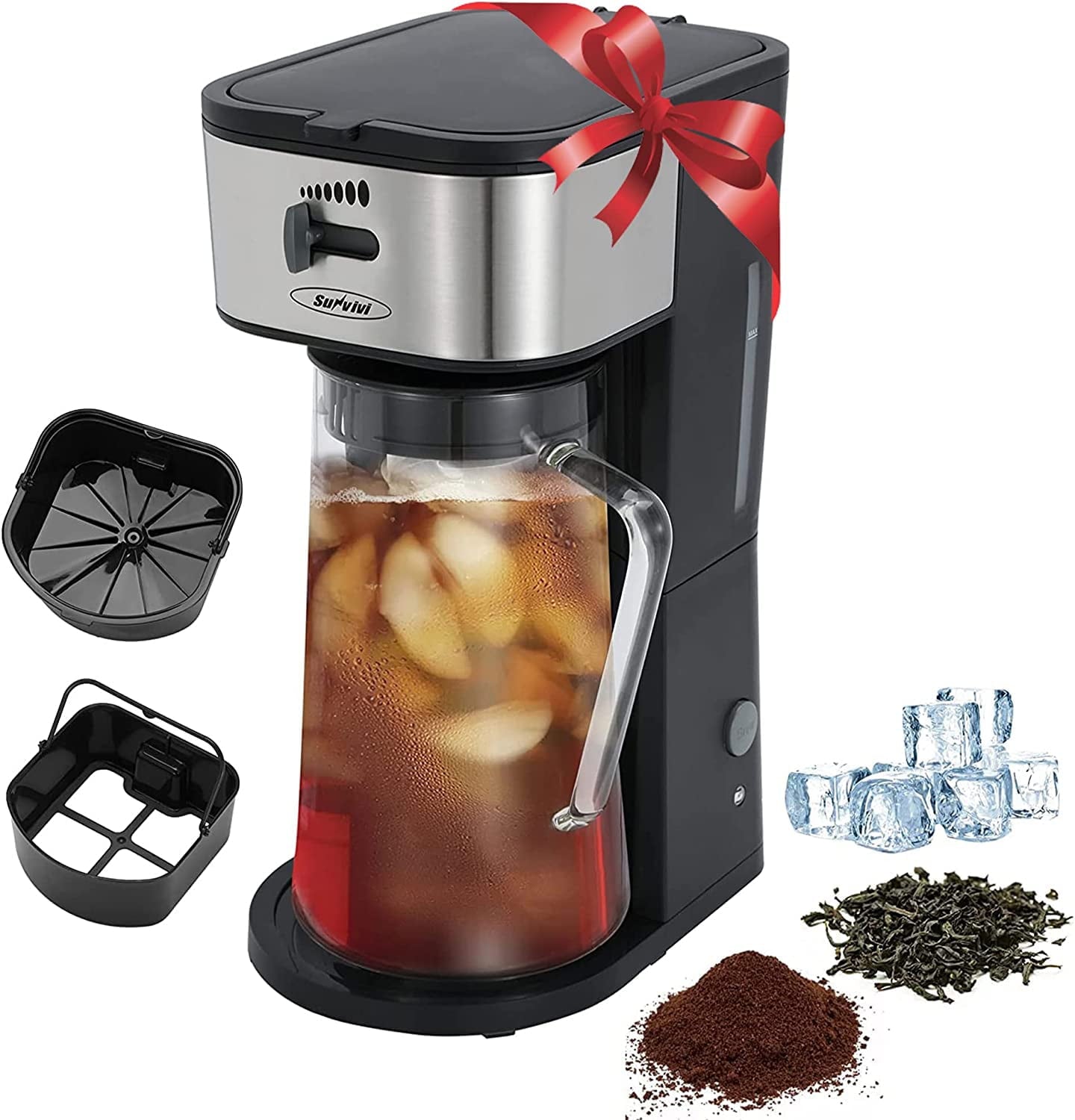 SUNVIVI 3 Quart Iced Tea Maker Iced Coffee Maker with Glass Pitcher for Hot/Cold Water,Iced Tea Coffee Maker with Strength Selector,Stainless Steel, Black
