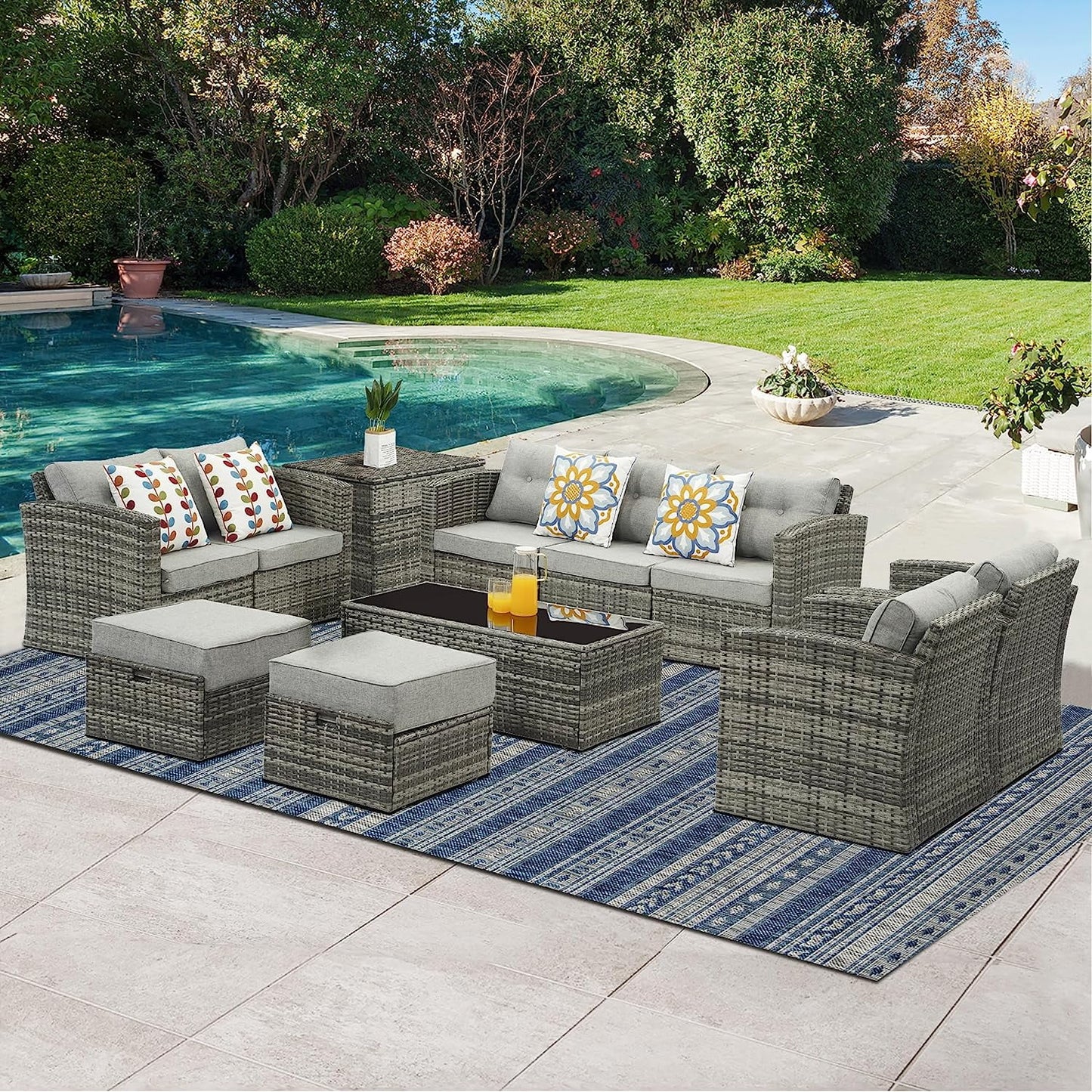 SUNVIVI OUTDOOR 7 Pieces Patio Furniture Sets All Weather Outdoor Sectional Sofa Manual Weaving Wicker Rattan Patio Conversation Set with Storage Box and Glass Table (Grey/Grey)
