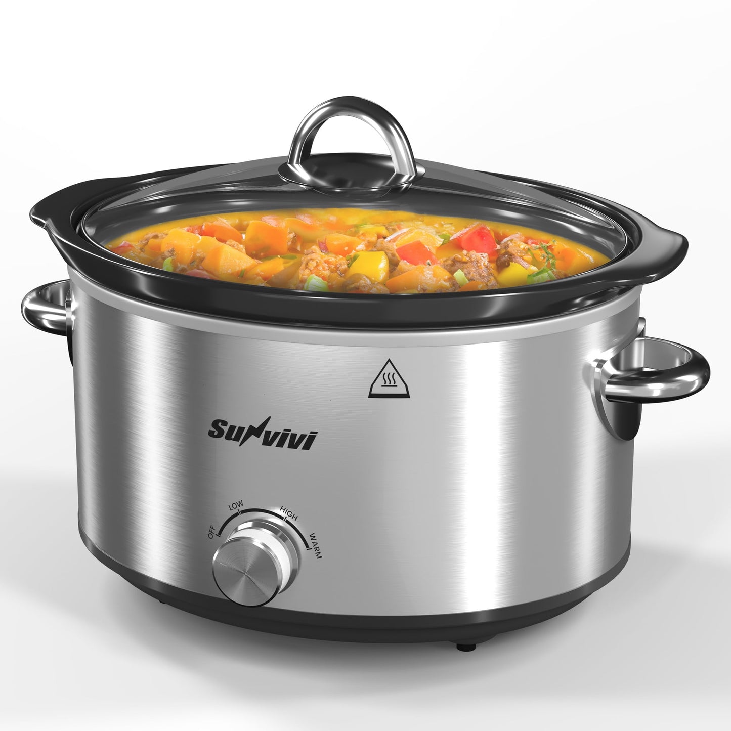 SUNVIVI Small Slow Cooker 4QT, Mini Food Warmer with 3 Heating Settings, Removable Ceramic Pot, Dishwasher Safe Glass Lid, Stainless Steel