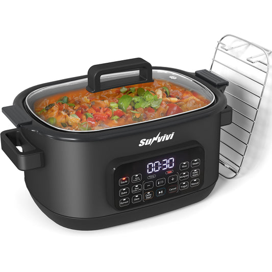 Sunvivi 12-in-1 Digital Programmable Slow Cooker, 6.5 QT Large Multicooker, Multi-Cooker with Timer, Temp Control, Black