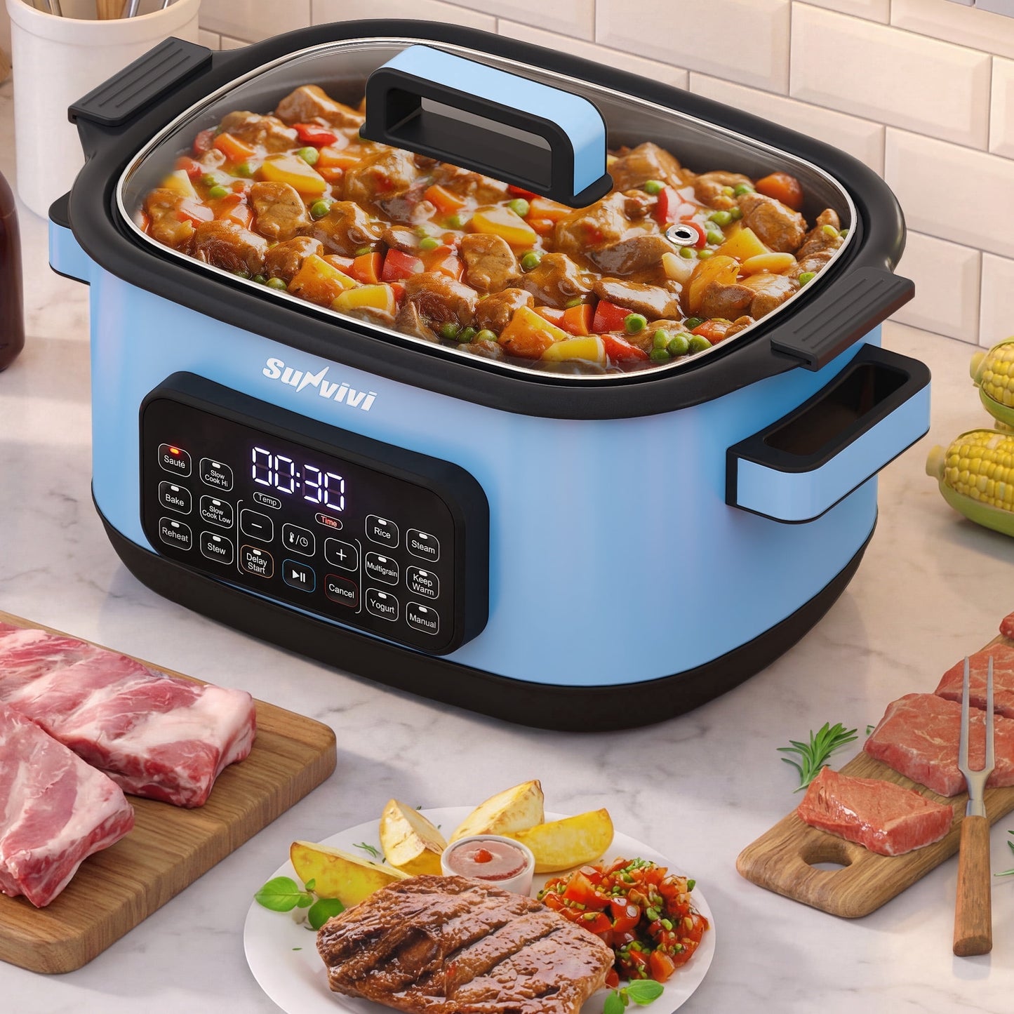 Heynemo 12-in-1 Digital Programmable Slow Cooker, 6.5 QT Large Multicooker, Multi-Cooker with Timer, Temp Control, Blue