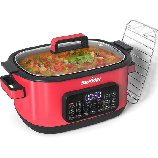 Sunvivi 12-in-1 Digital Programmable Slow Cooker, 6.5 QT Large Multicooker, Multi-Cooker with Timer, Temp Control, Red