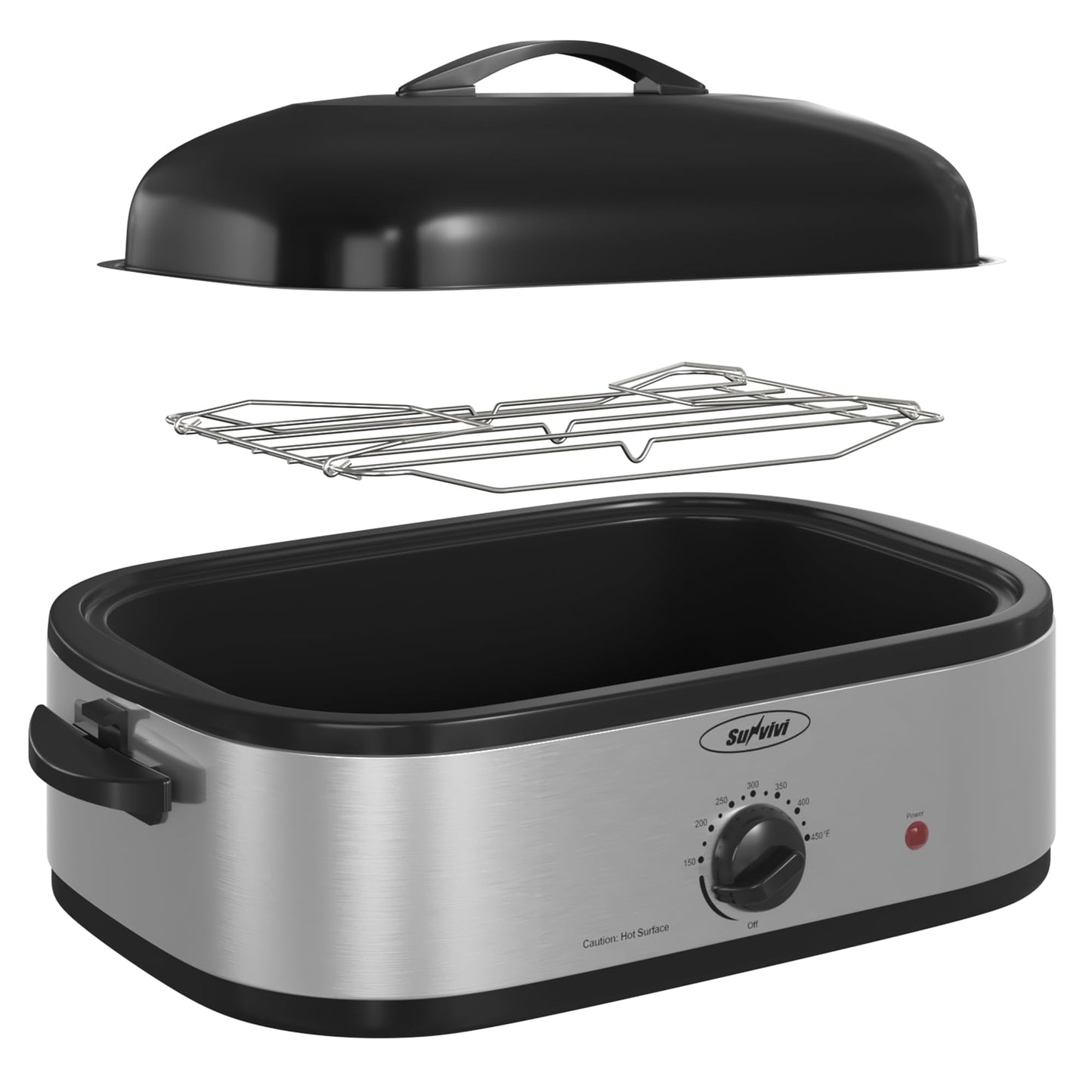 Sunvivi 14-Quart Electric Roaster Oven with Self-Basting Lid, Turkey Roaster Oven with Rack, Stainless Steel, Silver