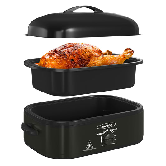 Sunvivi 14-Quart Electric Roaster Oven with Self-Basting Lid, Turkey Roaster Oven with Removable Pan and Rack, Stainless Steel, Black