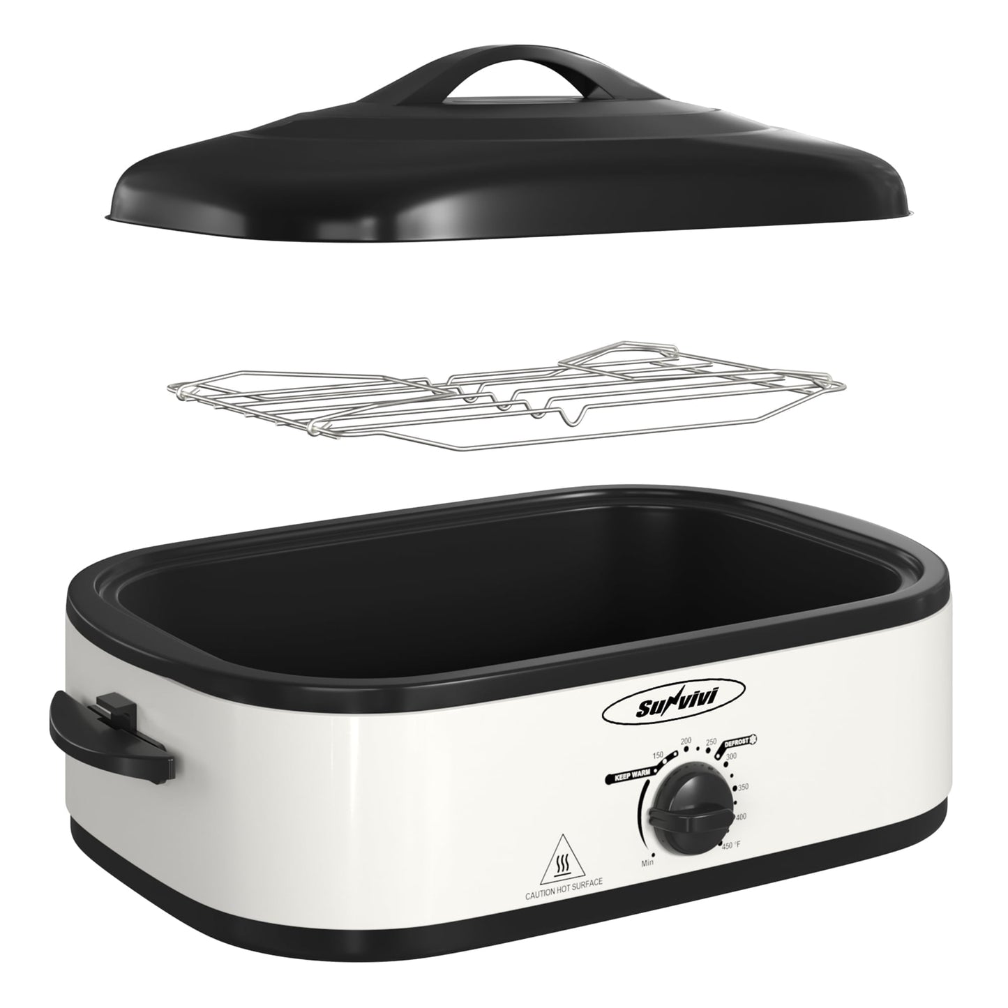Sunvivi 14 Quart Electric Roaster with Self-Basting Lid, Removable Pan and Rack, Stainless Steel, White