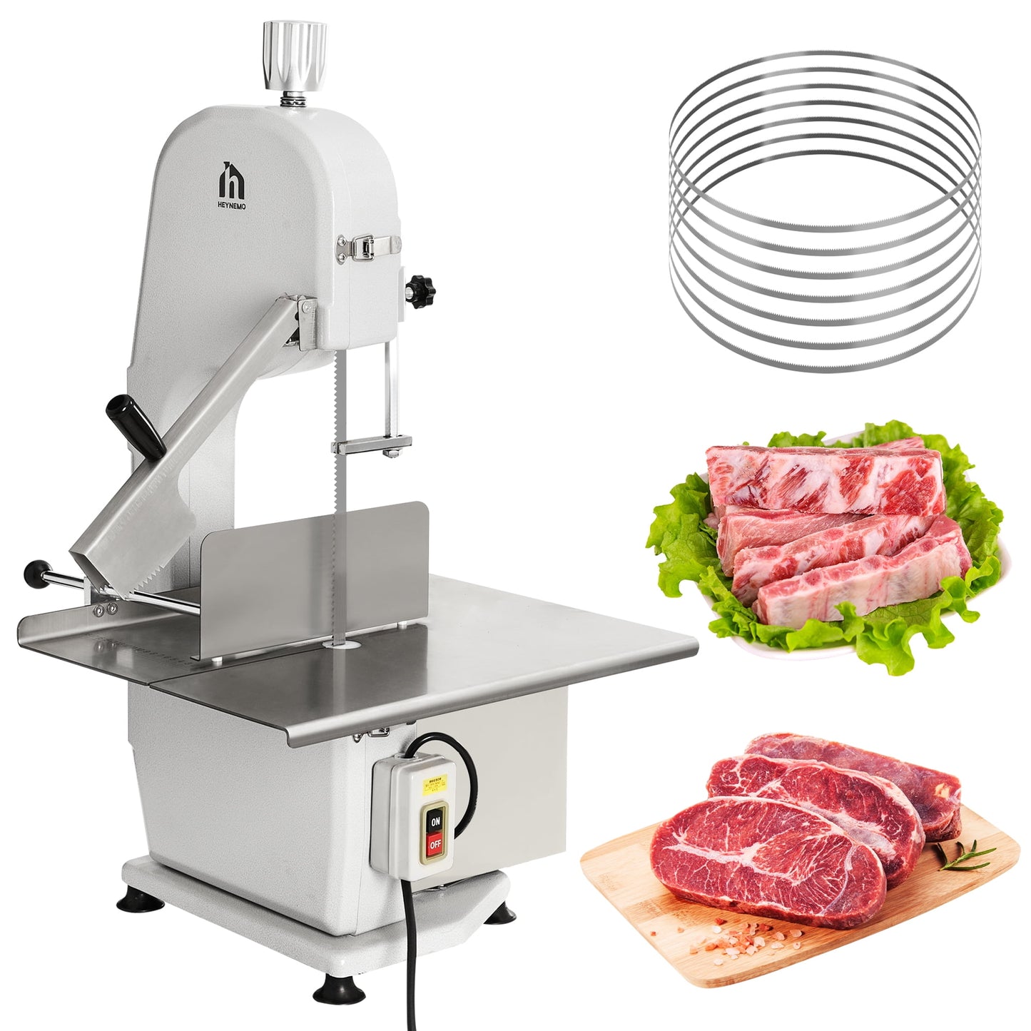 Sunvivi 1500W Electric Meat Saw, Bone Cutting Bandsaw with 5 Blades, Adjustable Thickness for Beef, Pork, Chicken, Fish