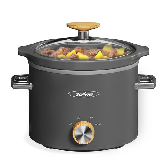 Sunvivi 2 Quart Slow Cooker with Removable Ceramic Pot and 3 Heating Settings, Grey