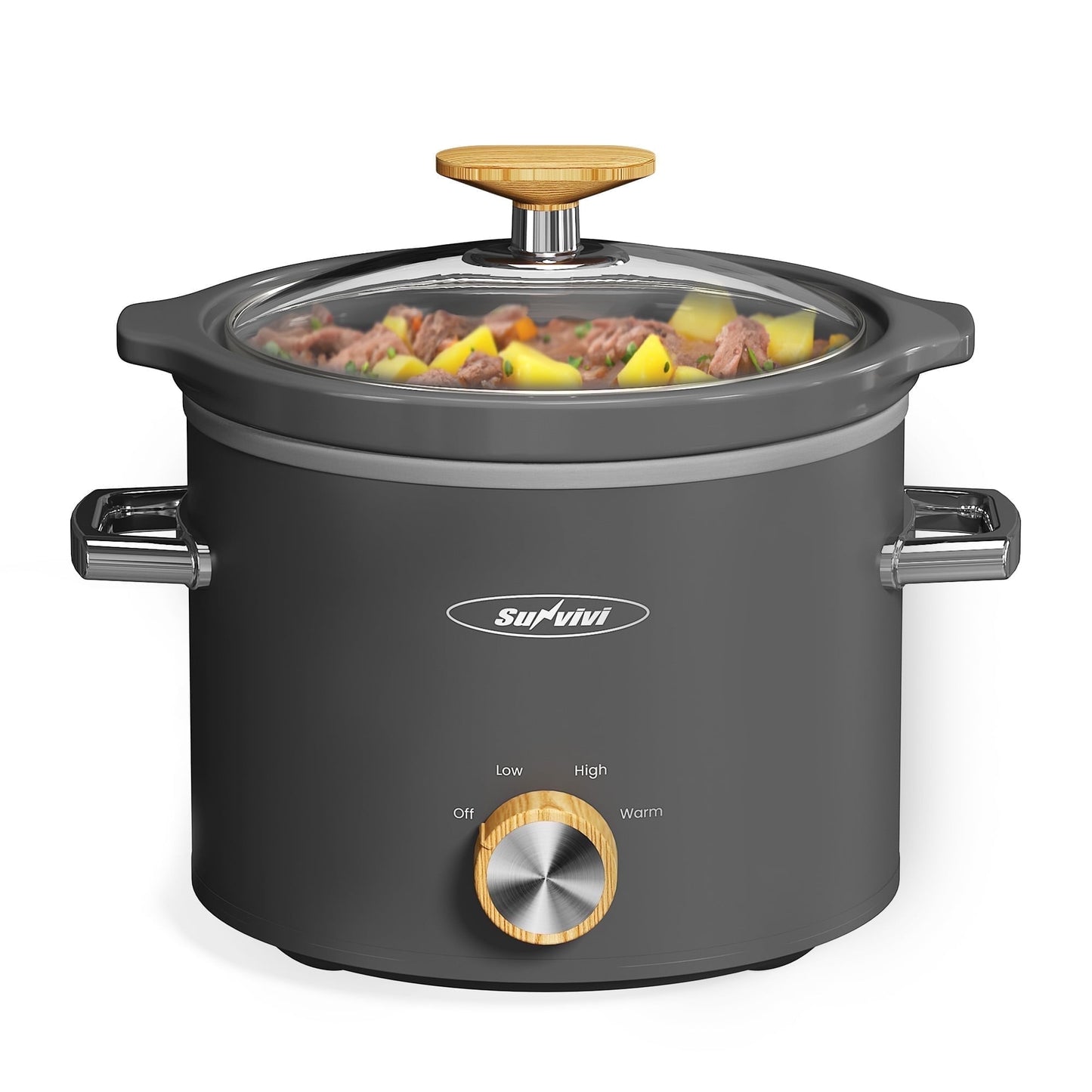 Sunvivi 2 Quart Slow Cooker with Removable Ceramic Pot, 3 Heating Settings, Gray