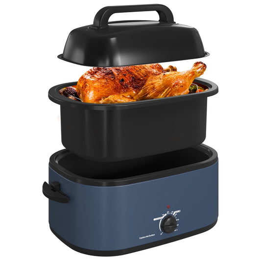 Sunvivi 22 Quart Electric Turkey Roaster Oven with Visible Glass Lid,Removable Pan & Rack, Stainless Steel,Blue