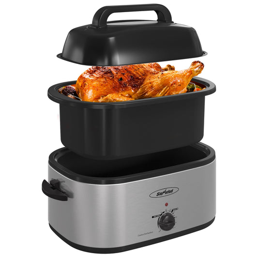 Sunvivi 24 Quart Electric Turkey Roaster Oven with Visible Glass Lid,Removable Pan & Rack, Stainless Steel,Silver