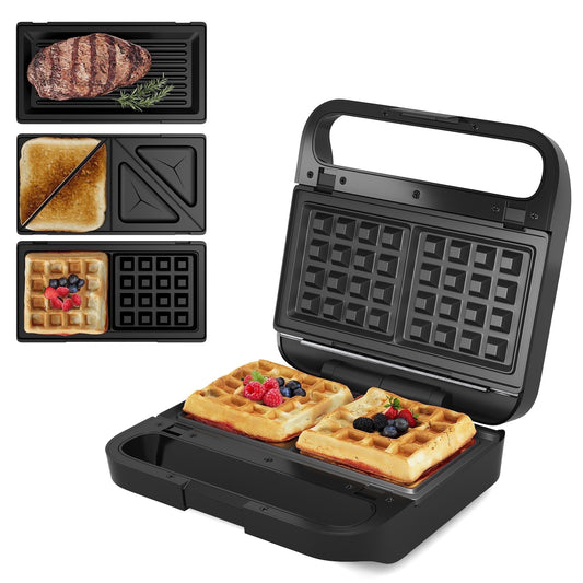 SUNVIVI 3 in 1 Sandwich Maker, Electric Waffle Maker with Glass Panel, Removable Plates, Black