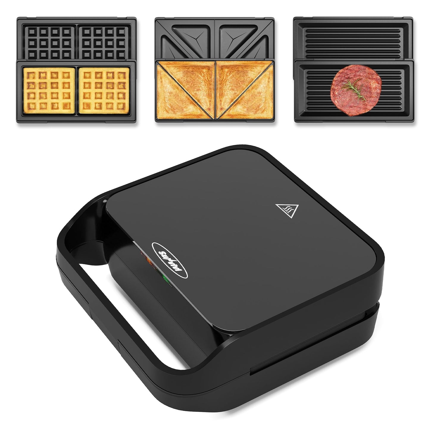 Heynemo 3-in-1 Electric Sandwich Maker & Waffle Grill, 850W Panini Press with Non-Stick Removable Plates & Tempered Glass Top, Cool Touch Handle, Easy to Clean, Black