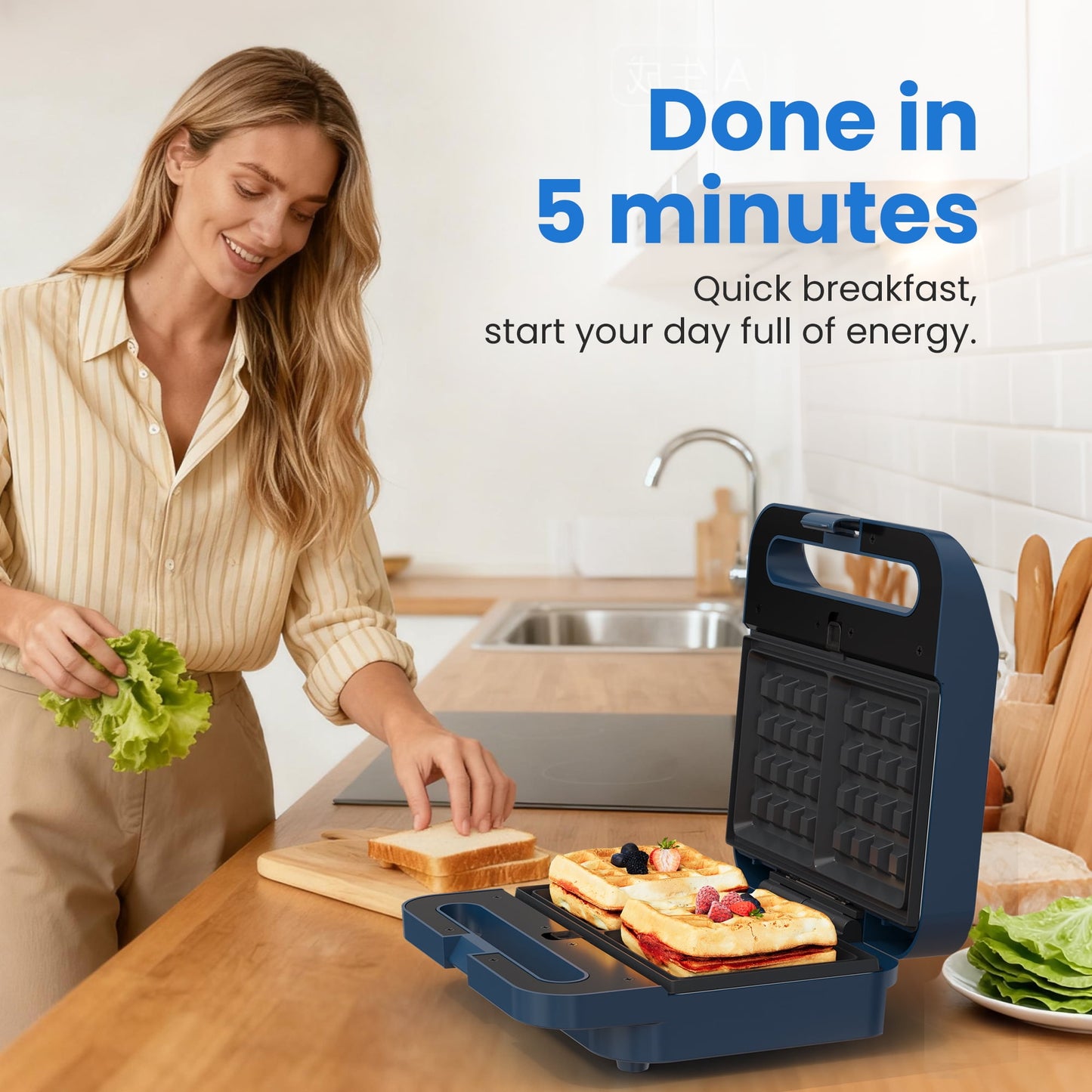 Heynemo 3-in-1 Electric Sandwich Maker Waffle Grill Panini Press 1000W Non-Stick Removable Plates Blue