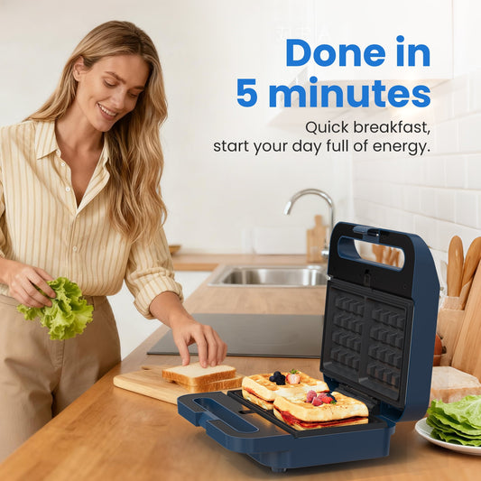 Heynemo 3-in-1 Electric Sandwich Maker Waffle Grill Panini Press 1000W Non-Stick Removable Plates Blue