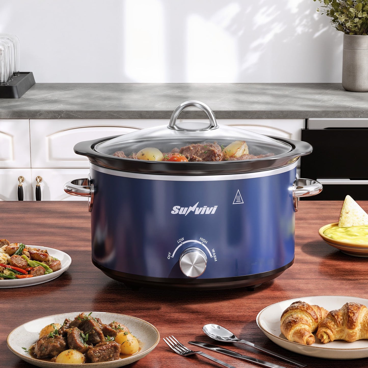 Heynemo 4QT Compact Slow Cooker & Food Warmer with 3 Temperature Settings, Removable Ceramic Pot, Dishwasher-Safe Glass Lid, Stainless Steel - Blue