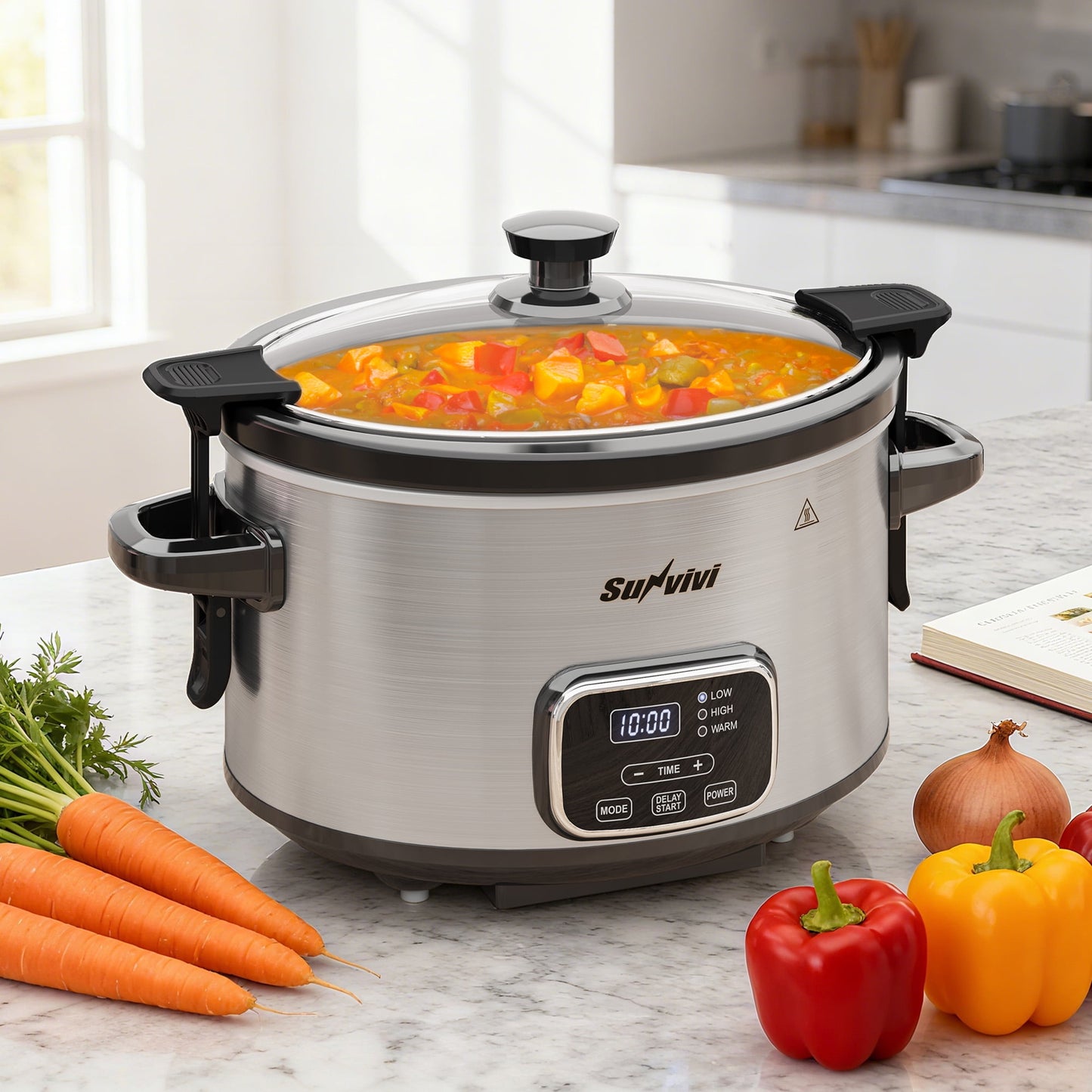 Sunvivi 4QT Programmable Slow Cooker with Locking Lid, Removable Ceramic Pot, 3 Heating Settings & Timer, Stainless Steel, Silver
