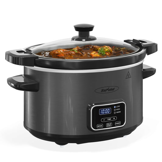 Sunvivi 4QT Slow Cooker, Programmable Pot with Locking Lid, Removable Ceramic Pot, 3 Heating Settings & Time Control,Dishwasher-safe Lid & Pot, Grey