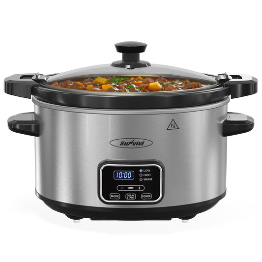 Sunvivi 4qt Slow Cooker, Programmable Slow Cooker with Locking Lid, Removable Ceramic Pot, 3 Heating Settings & Time Control, Mini Food Warmer with Dishwasher-safe Lid & Pot, Silver