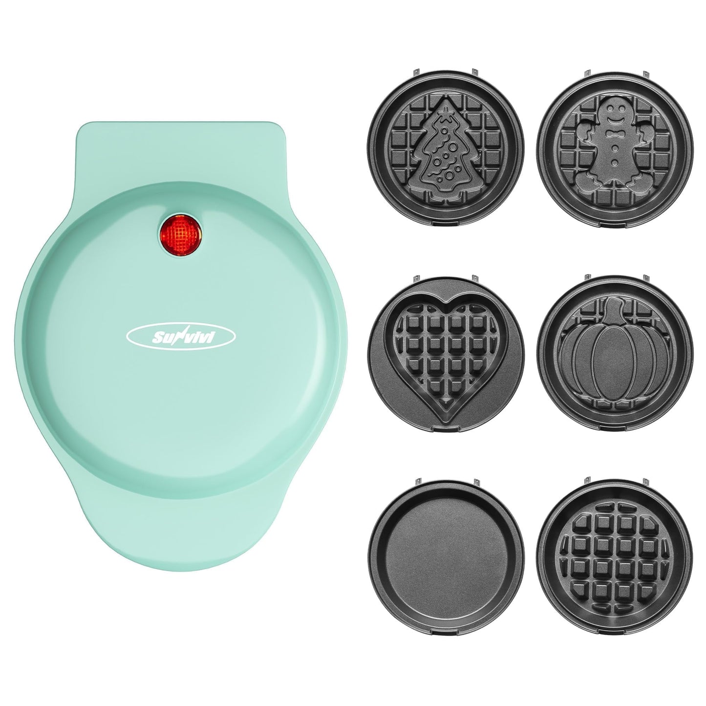 Sunvivi 6 in 1 Mini Waffle Maker, 4¡± Waffle Iron with Removable Non-stick Plates, Perfect Mini Waffle Maker for Kids and Families, Light Blue