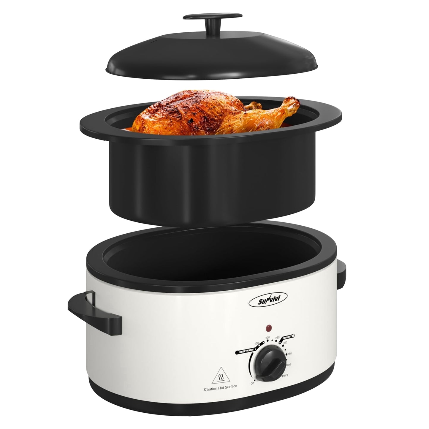 Sunvivi Roaster Oven with Self-Basting Lid, Electric 8-Quart Turkey Roaster Oven with Removable Pan and Rack, Stainless Steel, White