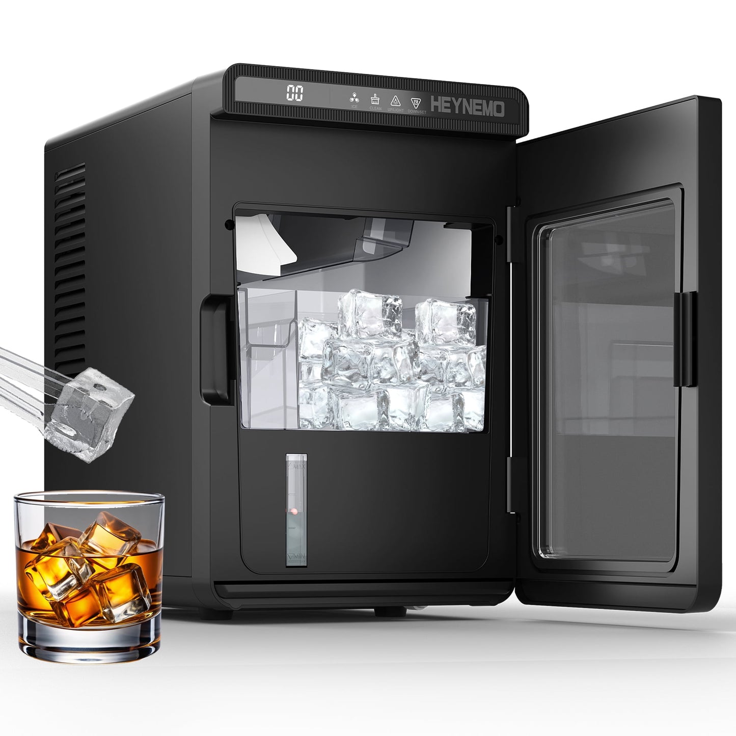 Sunvivi Clear Ice Maker for Home ÿ Compact Countertop Ice Machine with 1.6" Square Ice Cubes, Self-Cleaning, LED Light & Timer, Portable Electric Ice Maker for Kitchen, Bar, RV, Black
