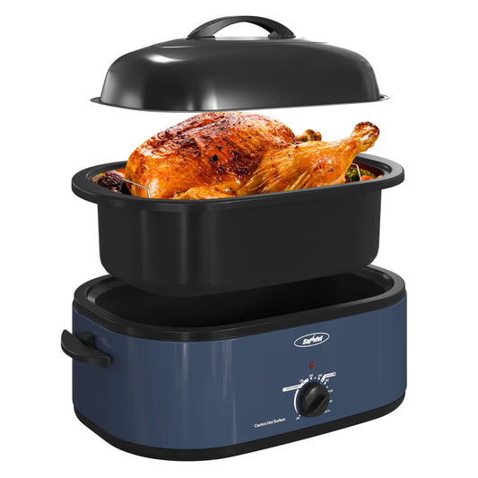 Sunvivi Roaster Oven, Electric Roaster Oven with Self-Basting Lid, 24lb 20-Quart Turkey Roaster with Unique Defrost/Warm Function, Large Roaster with Removable Pan & Rack, Stainless Steel, Blue