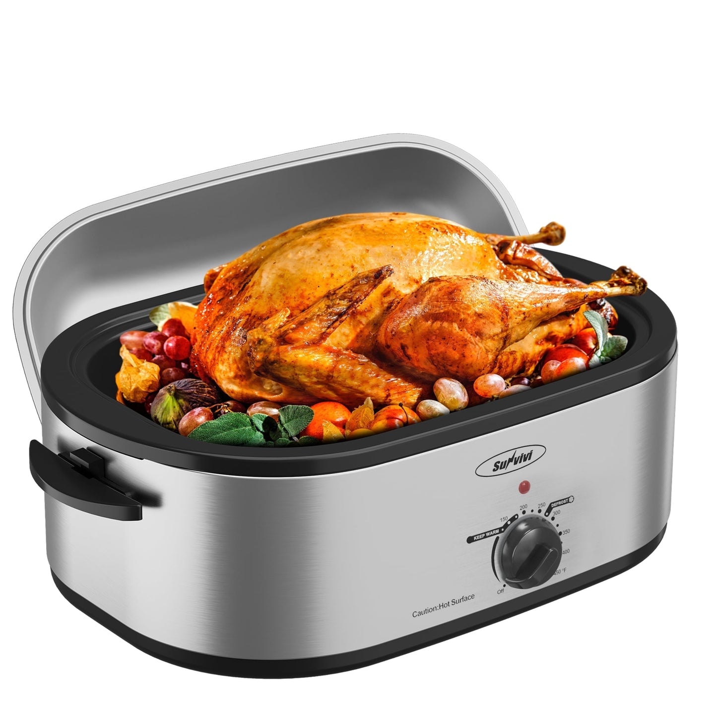 Sunvivi Roaster Oven with Self-Basting Lid, 18qt Electric Roaster with Removable Pan & Rack, Turkey Roaster Oven with Defrost & Warm Function, Stainless Steel, Silver