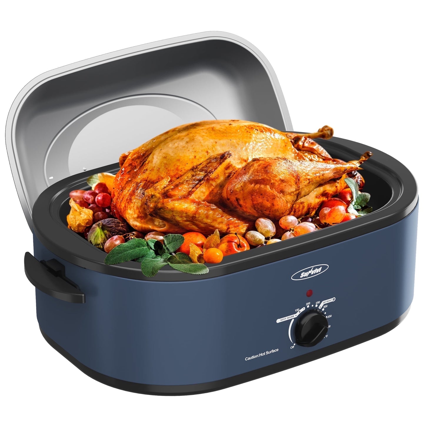 Sunvivi Roaster Oven with Self-Basting Lid, 18qt Electric Roaster with Removable Pan & Rack, Turkey Roaster Oven with Defrost & Warm Function, Stainless Steel, Blue