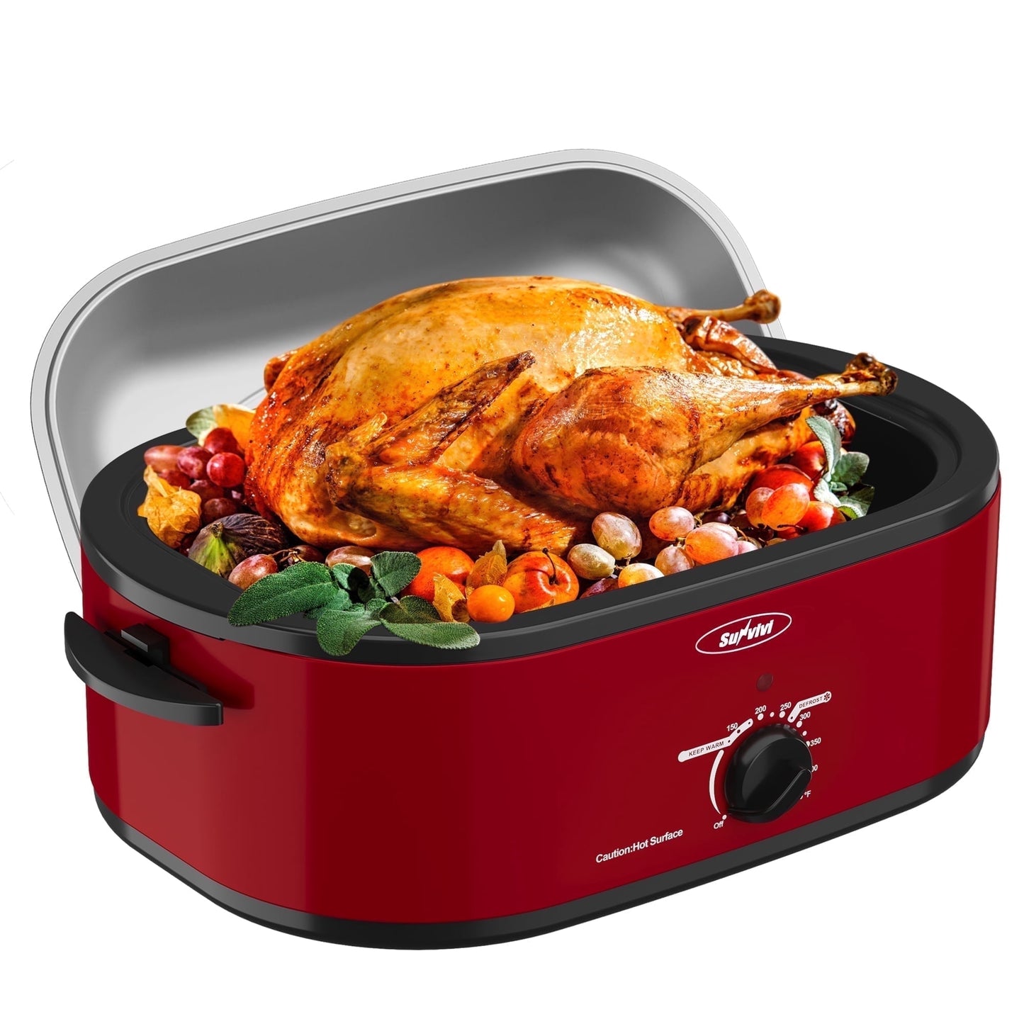 Sunvivi Roaster Oven with Self-Basting Lid, 18qt Electric Roaster with Removable Pan & Rack, Turkey Roaster Oven with Defrost & Warm Function, Stainless Steel, Red
