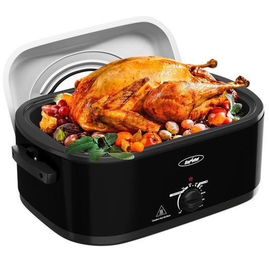 Sunvivi Roaster Oven with Self-Basting Lid, 20qt Electric Roaster with Removable Pan & Rack, Turkey Roaster Oven with Defrost & Warm Function, Stainless Steel, Black
