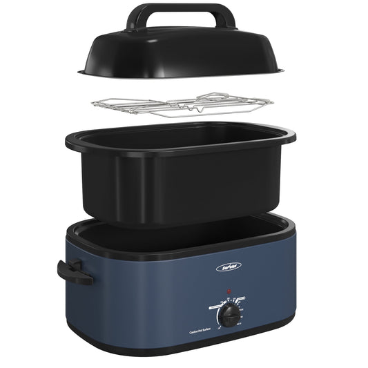 Sunvivi 22qt Electric Roaster Oven with Self-Basting Lid, Removable Pan & Rack, Stainless Steel, Blue