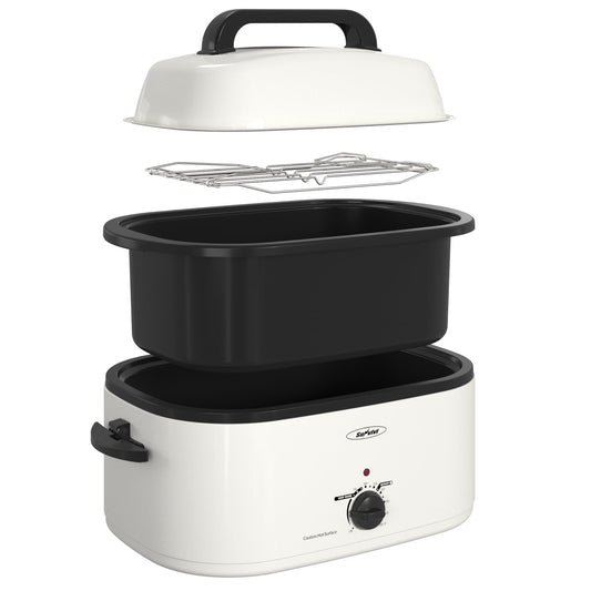 Sunvivi Roaster Oven with Self-Basting Lid, 22qt Electric Roaster with Removable Pan & Rack, Turkey Roaster Oven with Defrost & Warm Function, Stainless Steel, White