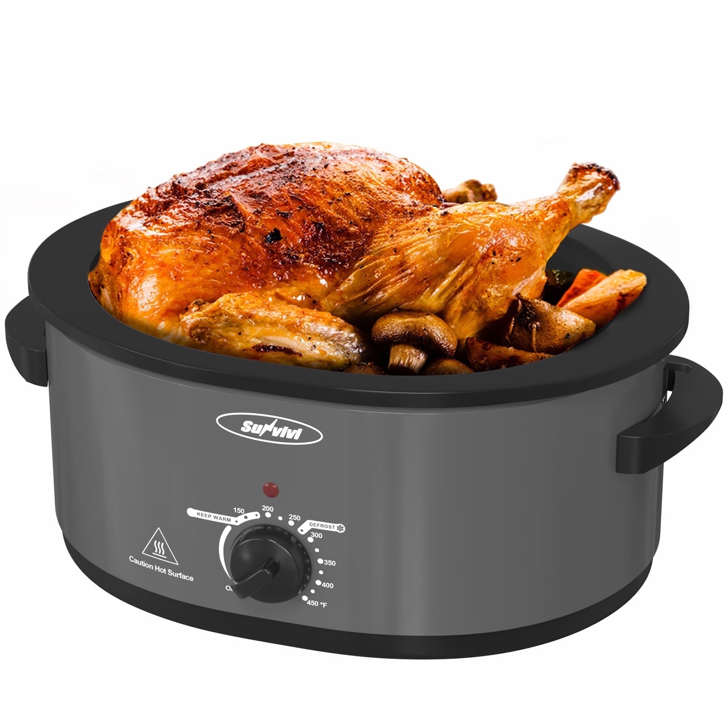 Heynemo Roaster Oven with Self-Basting Lid, 8qt Electric Roaster with Removable Pan & Rack, Turkey Roaster Oven with Defrost & Warm Function, Stainless Steel, Grey
